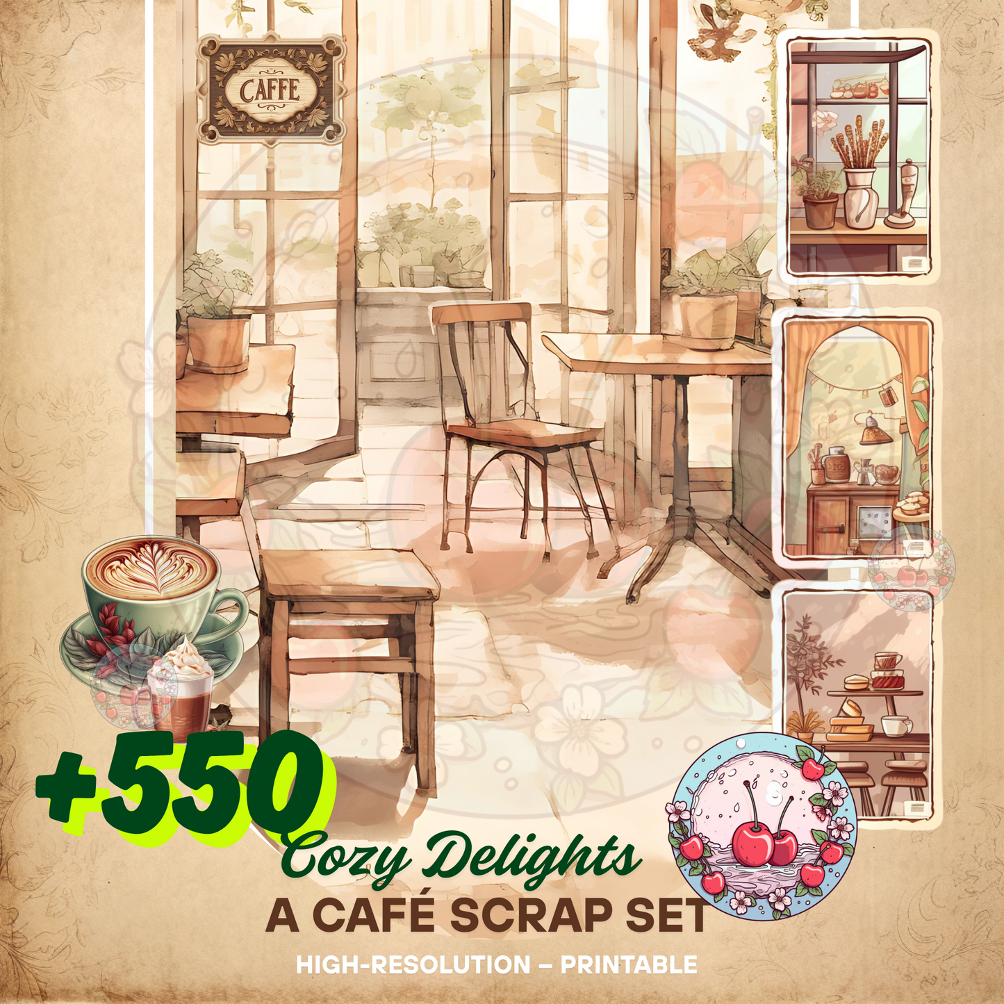 ☕🍪 Cozy Delights – A Café Scrap Set | A warm printable scrapbooking collection with café-inspired charm