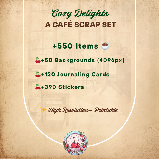 ☕🍪 Cozy Delights – A Café Scrap Set | A warm printable scrapbooking collection with café-inspired charm